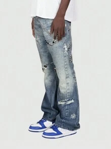 ROMWE MEN Street Life Men's Chain Pattern Pocket Flare Leg Casual Jeans - Blue - View 2