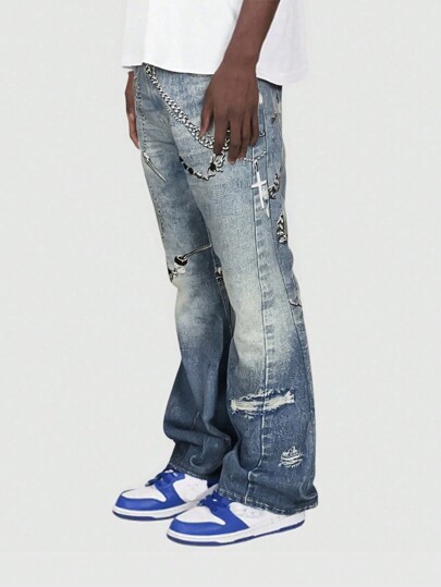 Street Life Jeans décontractés à jambe évasée avec motif de chaîne pour hommes