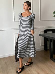 DAZY Women's Crew Neck Long Sleeve Casual Striped Dress, Minimalist Design For Everyday Wear, Fall Clothes Dress - Grey - View 3