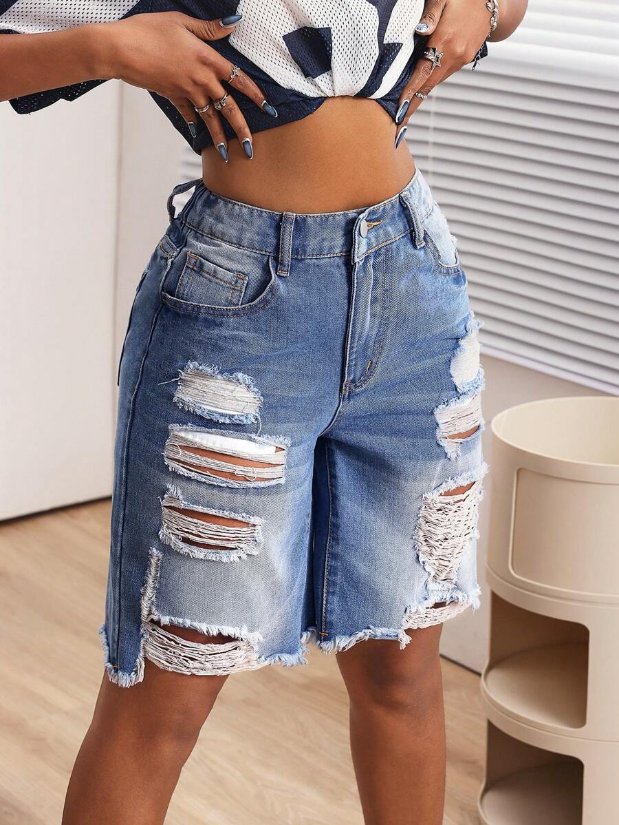 SHEIN ICON 女式休闲口袋破洞毛边牛仔短裤 - 藍色 - 查看 1