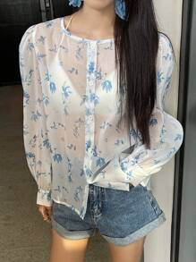 DAZY Women's Floral Print Loose Siamese Style Shirt,Fall Women Clothes Long Sleeve Top - Blue - View 7