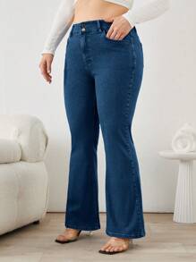 SHEIN Cottnline 98%Cotton Ladies Plus Size Flared Jeans With Slant Pockets - Medium Wash - View 3