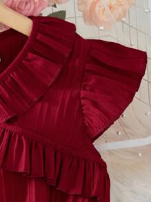 Sparklyn 2pcs/Set Tween Girl Textured Jacquard V Neck Flounce Sleeve Crop Top And Elastic Waist Pants, Casual Vacation Set For Spring & Summer,Holiday,Summer,Travel - Burgundy - View 7