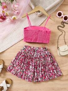 SHEIN Young Girl Solid Color Spaghetti Strap Bowknot Decor Minimalist Top And Skirt 2pcs Set - Pink - View 2