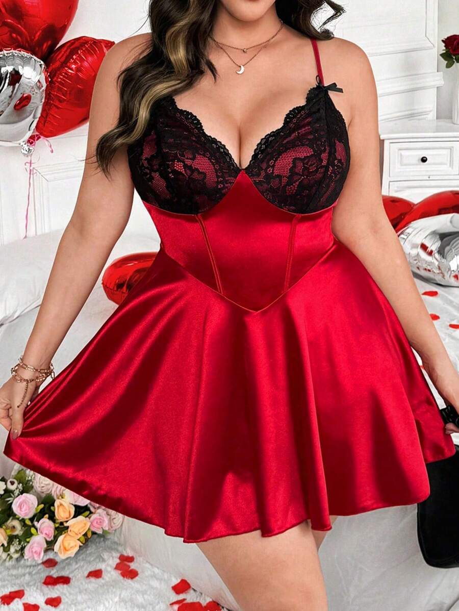 Flirla Váy dự tiệc mini ren đỏ cỡ lớn thanh lịch gợi cảm dễ thương cho ngày lễ tình nhân, có hoa hồng, trái tim, chấm bi, tình yêu, môi, thần tình yêu, thiết kế hoa 196D - Đỏ - Xem 1