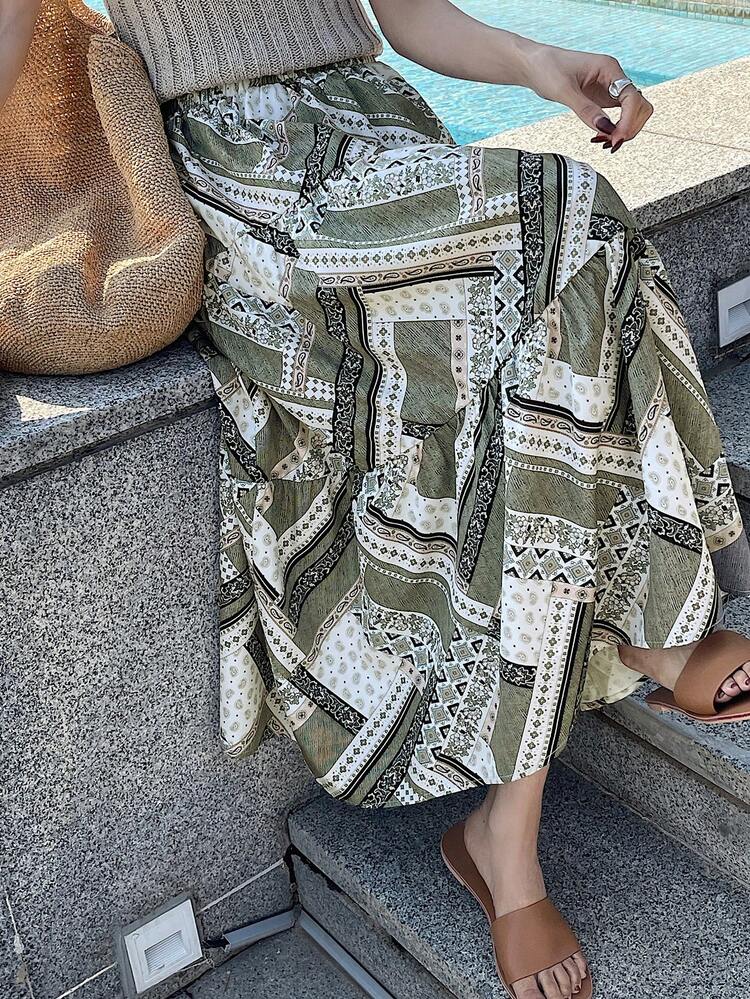 Women's Elastic Waist Printed Casual Skirt, Suitable For Leisure And Resort Summer Boho