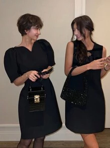 DAZY 女士圆领丝绒撞色直筒迷你连衣裙，春夏派对女士礼服舞会礼服女仆装吊带裙，休闲女士连衣裙优雅女士连衣裙 - 黑色 - 查看 3
