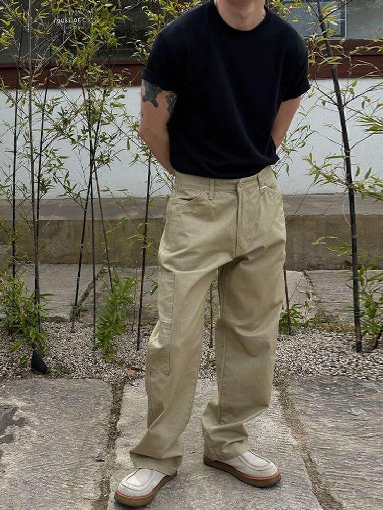 Plain Olive Green Men's Casual Baggy Cargo Pants, All Season
