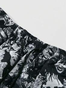 ROMWE MEN Street Life Men's Printed Woven Shorts, Suitable For Daily Wear, Spring/Summer - Black - View 3