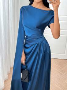 Modelyn 女士纯色不对称荷叶边优雅蓝色连衣裙长款晚礼服