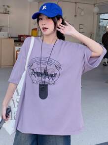 DAZY 女士圆领花卉印花宽松短袖休闲 T 恤图案 T 恤超大 T 恤 - 紫色 - 查看 3