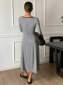 DAZY Women's Crew Neck Long Sleeve Casual Striped Dress, Minimalist Design For Everyday Wear, Fall Clothes Dress - Grey - View 5