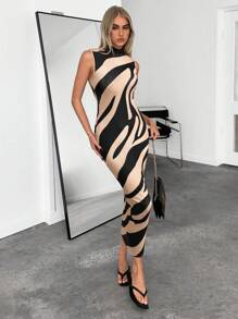 SHEIN Essnce Robe sans manches pour femme avec imprimé zébré et col montant - Noir - Voir 3