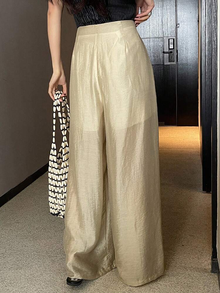 Women Solid Color Loose Wide-Leg Pants With Pockets Linen