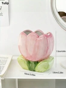 1 件郁金香陶瓷收纳笔筒、化妆刷收纳罐、陶瓷桌面摆件、办公桌收纳盒、文具收纳桶、化妆品收纳盒、美容院摆件 - 粉色 - 查看 4