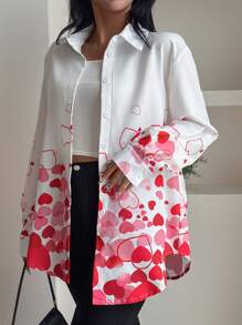 SHEIN LUNE Women Simple Heart Print Front Buttoned Casual Blouse, Daily Wear Fall Cloth For Women - Multicolor - View 1