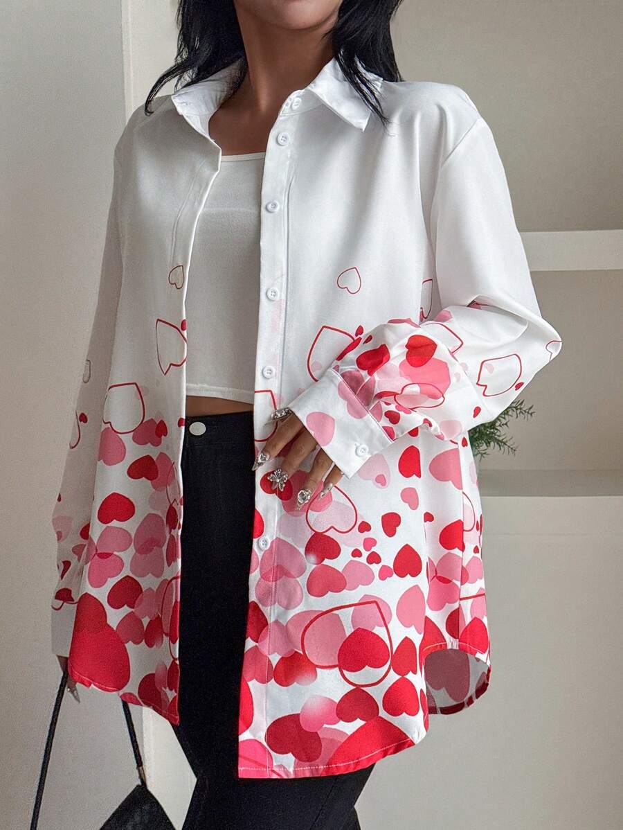 SHEIN LUNE Women Simple Heart Print Front Buttoned Casual Blouse, Daily Wear Fall Cloth For Women - Multicolor - View 1