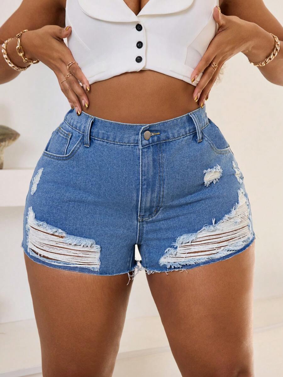 SHEIN SXY Pantalones cortos de mezclilla talla grande, casuales y para uso diario - Azul - Ver 1