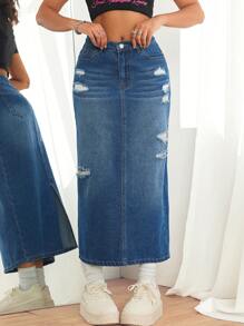 SHEIN PETITE Women Denim Skirt Casual Fitted Stretch Split Ripped Blue, Valentine's Day Denim Skirt, Y2k Denim Skirt - Medium Wash - View 1