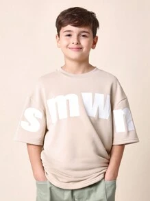 SUMWON Oversized Youth Streetwear T-Shirt Smwn Logo Print Casual Short Sleeve Crewneck Top Active Urban Fashion Comfortable Daily Wear - Khaki - View 1