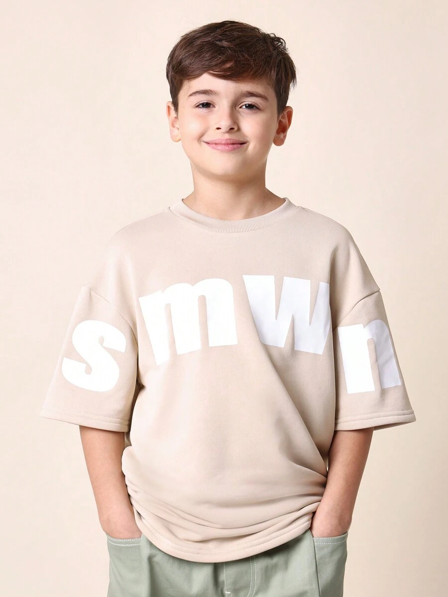 SUMWON Oversized Youth Streetwear T-Shirt Smwn Logo Print Casual Short Sleeve Crewneck Top Active Urban Fashion Comfortable Daily Wear - Khaki - View 1