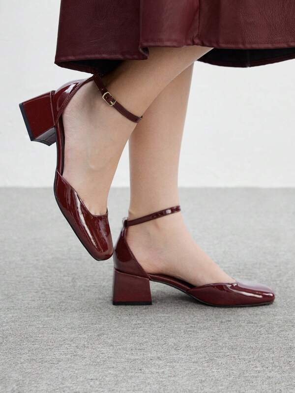 CUCCOO BIZCHIC Wine Red Patent Leather Mary Jane Pumps With Ankle Strap, Square Toe Platform High Heels, Comfortable & Versatile For Commute, Date, Party, Holiday, Valentine's Day Spring Shoes Spring Break Easter