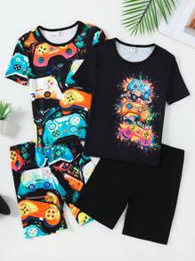 4pcs/Set Boys' Vivid Cartoon Game Pattern Comfortable Short Sleeve Shorts Tight Fit Pajama Set - Multicolor - View 7