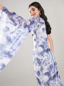 Modelyn Women's Elegant Blue And White Floral Print Diagonal Shoulder Asymmetrical Flared Long-Sleeved Slim-Fit Dress,Autumn Tropical Cocktail Wedding Guest - Multicolor - View 2