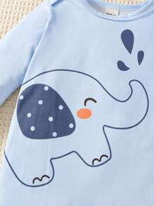 SHEIN Set de 2 piezas de mamelucos de dormir con pies y estampado de elefante azul y blanco de manga larga para recién nacidos