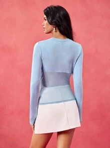 Daniela Ricciardelli Designer Women's Blue Sequin Bow Decorated Mesh See-Through Sexy Long-Sleeve Top Spring & Summer, Going Out, Festival - Blue - View 2