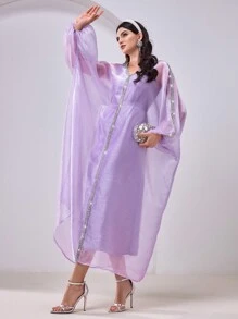 Al Najma Women's Bat-Sleeve Spliced Rhinestones Belted Elegant Turkish Style Dress Kaftan Jalabiya Dress - Mauve Purple - View 2