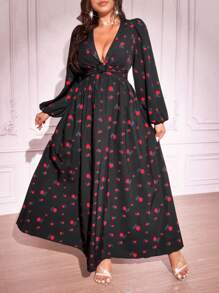 SHEIN Unity Robe élégante à manches lanternes à imprimé floral col V profond, grande taille, Saint-Valentin - Noir - Voir 1