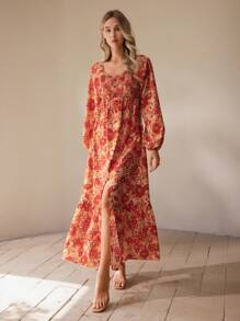 SHEIN Clasi Women's Floral Print Long Ruched Dress - Multicolor - View 1