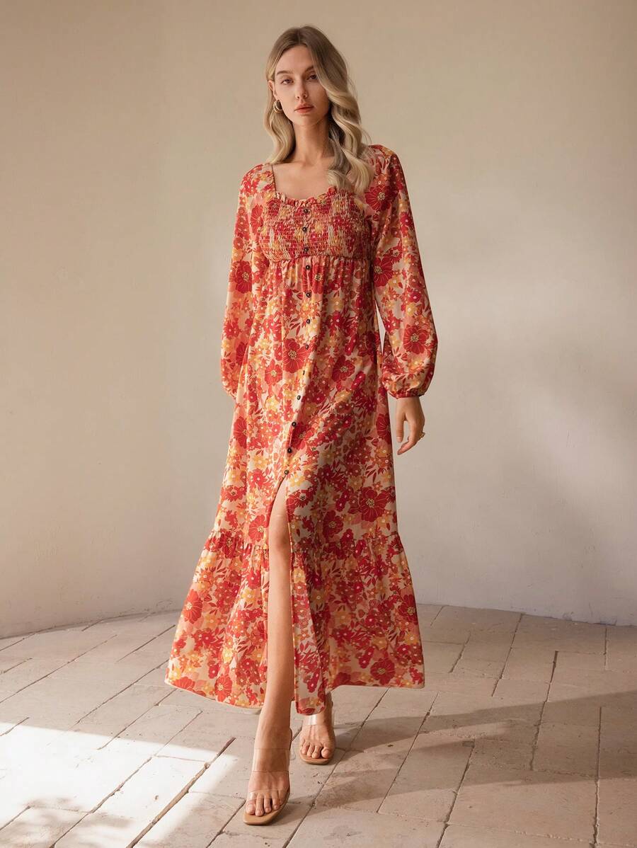 SHEIN Clasi Women's Floral Print Long Ruched Dress - Multicolor - View 1
