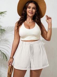 SHEIN VCAY Plus Tie Waist Roll Up Hem Summer Shorts - White - View 6