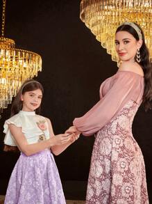 SHEIN 2pcs/Set Tween Girls Casual Stand Collar Asymmetric Ruffle Sleeveless Blouse & Jacquard Skirt Outfit - Mauve Purple - View 3