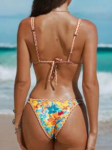 Swim Mod 2pcs Floral Print Cami Triangle Tie Bikini Sets, Beach Resort Holiday Vacation Outfit For Women For Summer Beach Vacation