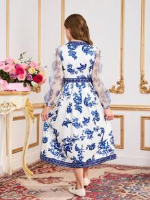 1 peça vestido estilo vintage com estampa floral e emenda francesa, manga bufante longa, cintura franzida, primavera/verão - Branco - Ver 2