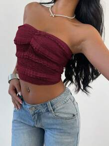 Aloruh Áo crop top ren nơ xếp nếp màu trơn lãng mạn thanh lịch mới cho nữ - Màu Đỏ Sâu - Xem 4