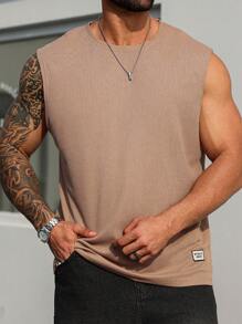 Manfinity Homme Plus Size Men's Solid Color Loose Fit Crew Neck Casual Tank Top - Khaki - View 5