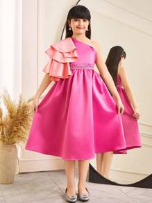 SHEIN Tween Girls Elegant Contrast Color Ruffle Waist Rhinestone Embellished Asymmetrical Shoulder Dress, Flower Girl Dress - Hot Pink - View 2