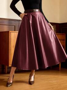 Vintamour Gonna lunga a vita alta in pelle PU stile vintage elegante con tasche, gonna ampia casual/da lavoro, adatta per autunno/inverno, Ringraziamento, Natale, Capodanno e altre occasioni festive - Bordò - Visualizzare 3