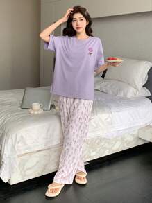 DAZY 2 piezas Conjunto de pijama de mujer con estampado, cómodo y holgado de manga corta