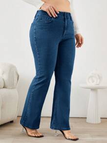 SHEIN Cottnline 98%Cotton Ladies Plus Size Flared Jeans With Slant Pockets - Medium Wash - View 5