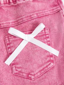 年轻女孩休闲时尚粉色牛仔蝴蝶结装饰迷你裙，轻盈夏季 - 粉色 - 查看 3