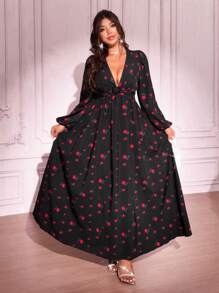 SHEIN Unity Robe élégante à manches lanternes à imprimé floral col V profond, grande taille, Saint-Valentin - Noir - Voir 4