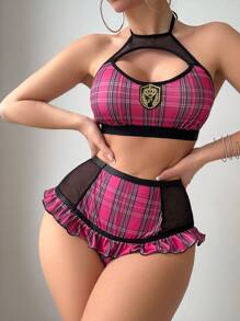Set de 2 piezas de lencería sexy de malla de mujer para juegos de roles - Morado - Ver 4