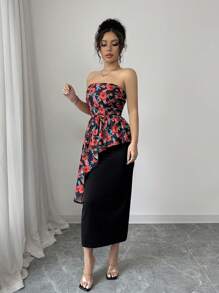 Elenzga Valentine's Day Women Elegant Romantic Floral Asymmetric Patchwork Ruched Waist Bodycon Tube Dress - Black - View 3