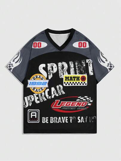 Anime Men's Casual Racing Letter Print V-Neck Short Sleeve Sports T-Shirt