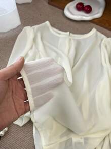 DAZY 女士纯色圆领长袖优雅衬衫，商务休闲，秋季，荷叶边，秋季女装 - 白色 - 查看 10